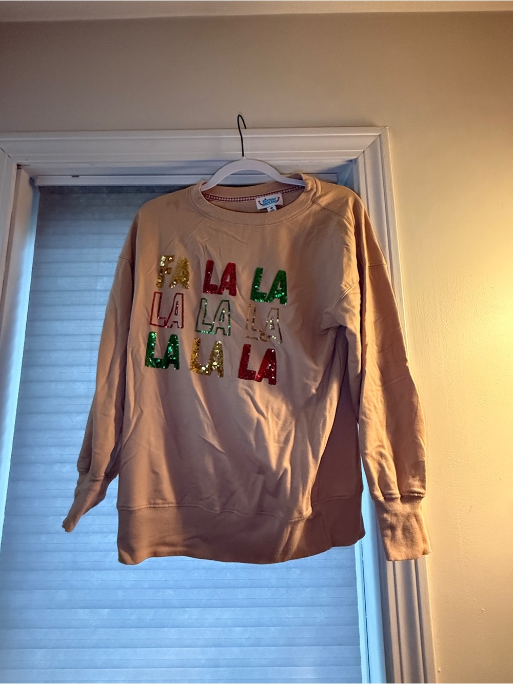 Sequin 'Fa La La' Beige Holiday Sweatshirt